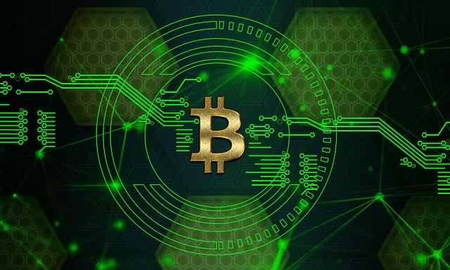 grafika przedstawiająca logo Bitcoin na zielonym tle