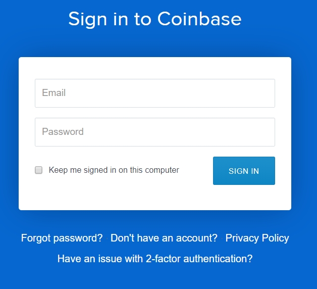 screen z panleu logowania do Coinbase