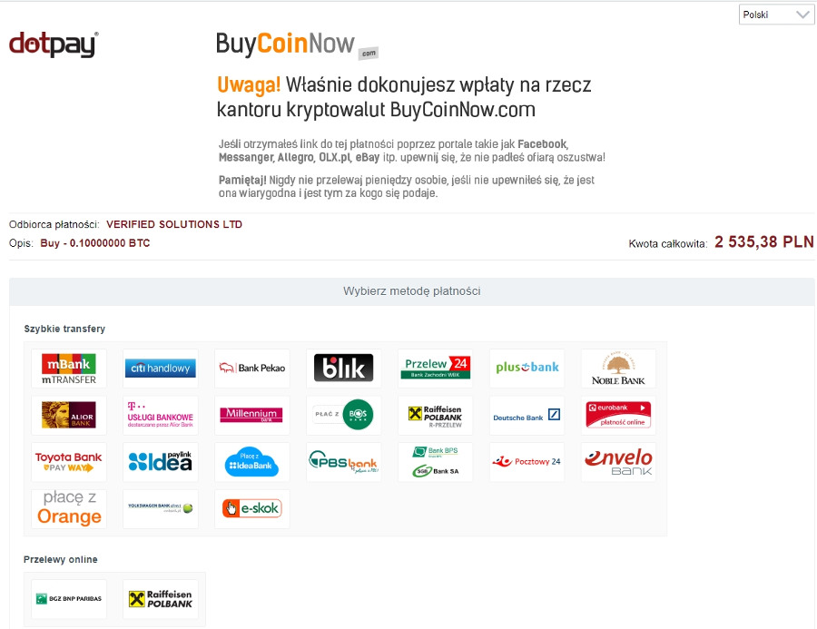 screen prezentujący płatności online na giełdzie BuyCoinNow