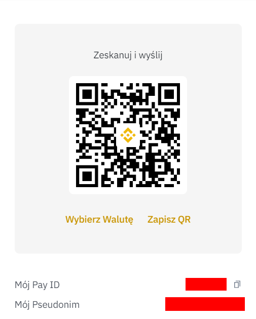 screen z przykąłdowym kodem QR do udostępniania płatności w Binance Pay