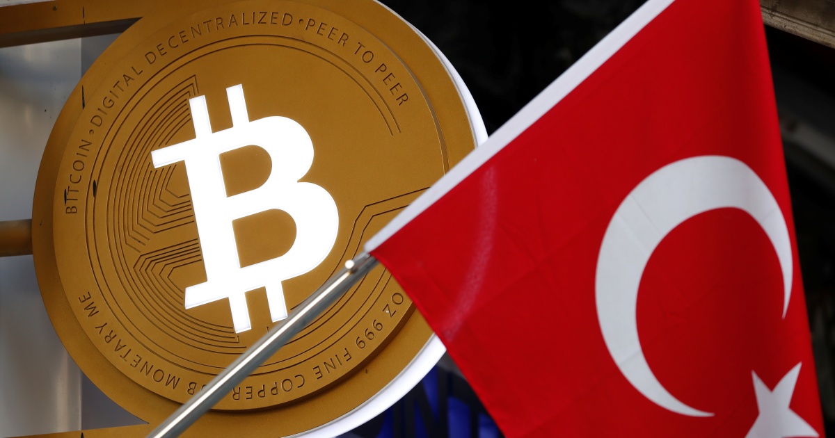 zdjęcie monety z logiem Bitcoina oraz flagi Turcji