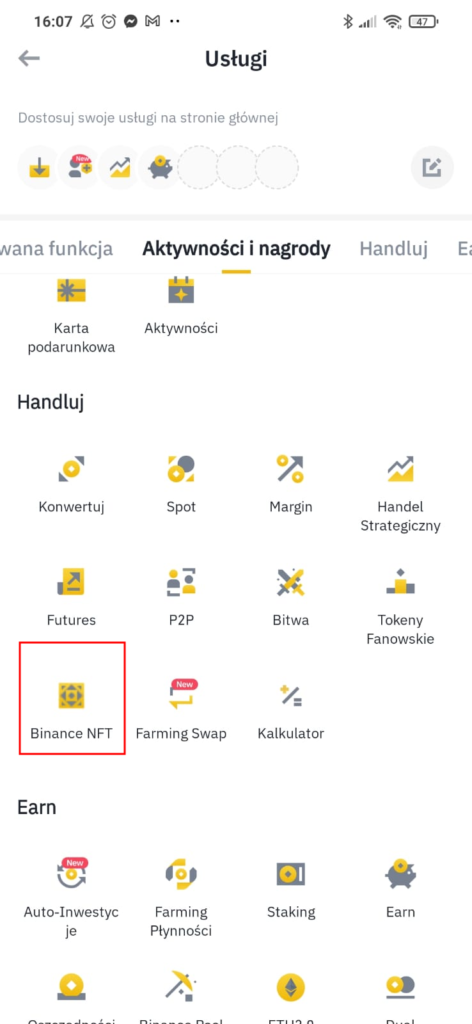 screen aplikacji Binance z zaznaczoną opcją Binance NFT