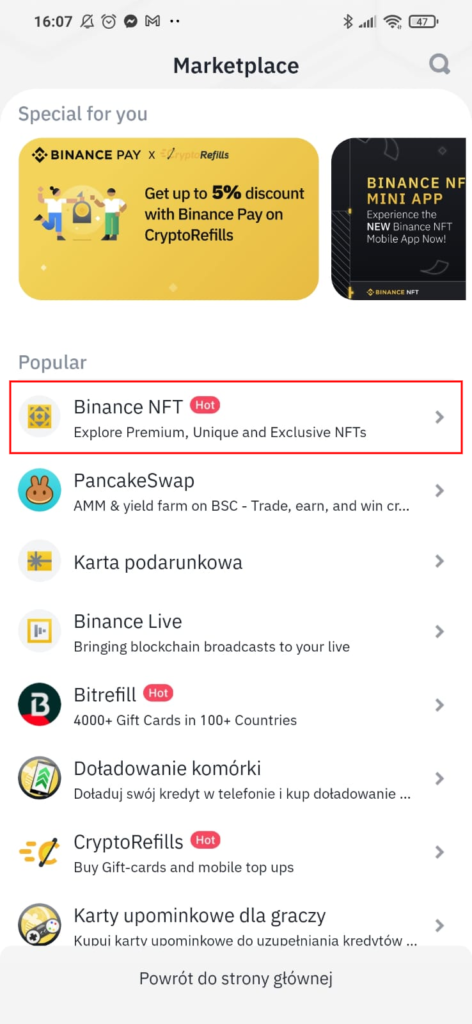 screen aplikacji Binance z zaznaczoną opcją Binance NFT