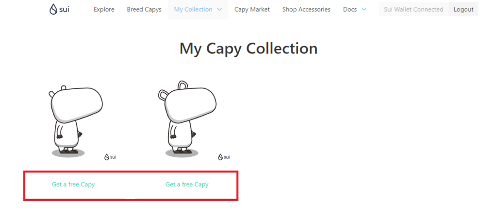 screen prezentujący stronę My Collection w serwisie Sui Capys